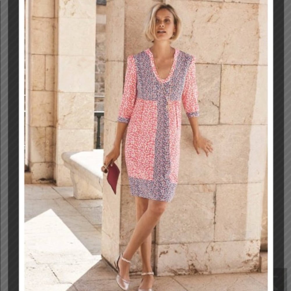 Boden Mollie Pink Polka Dot 3/4 Sleeve V Neck Dress Sz 4 R